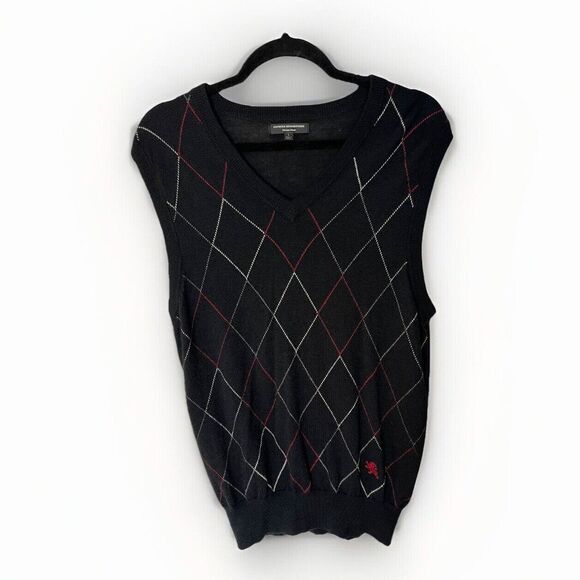 Vintage Express Design Studio Mens L Merino Wool Sweater Vest Argyle Blk/Wht/Red - Picture 1 of 8